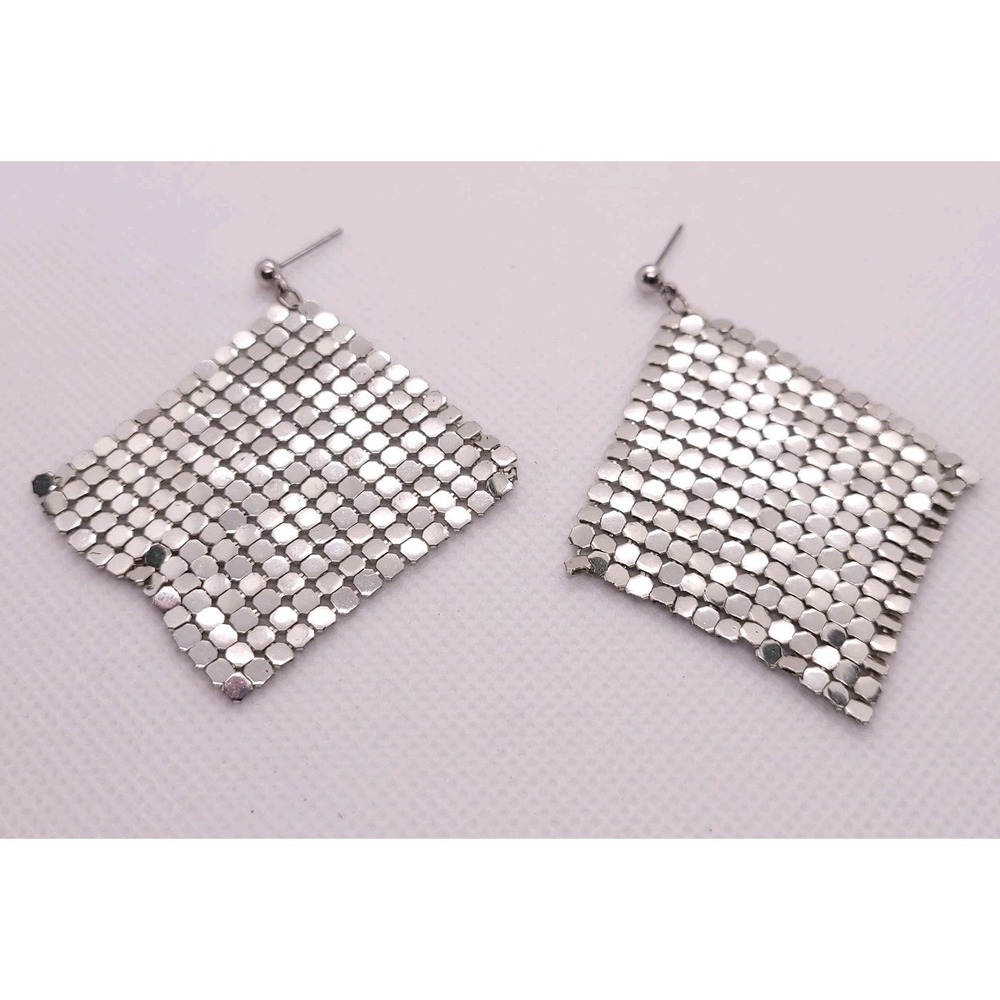 Vintage 1980s Silver Tone Metal Mesh Geometric Dangle Earrings Waterfall